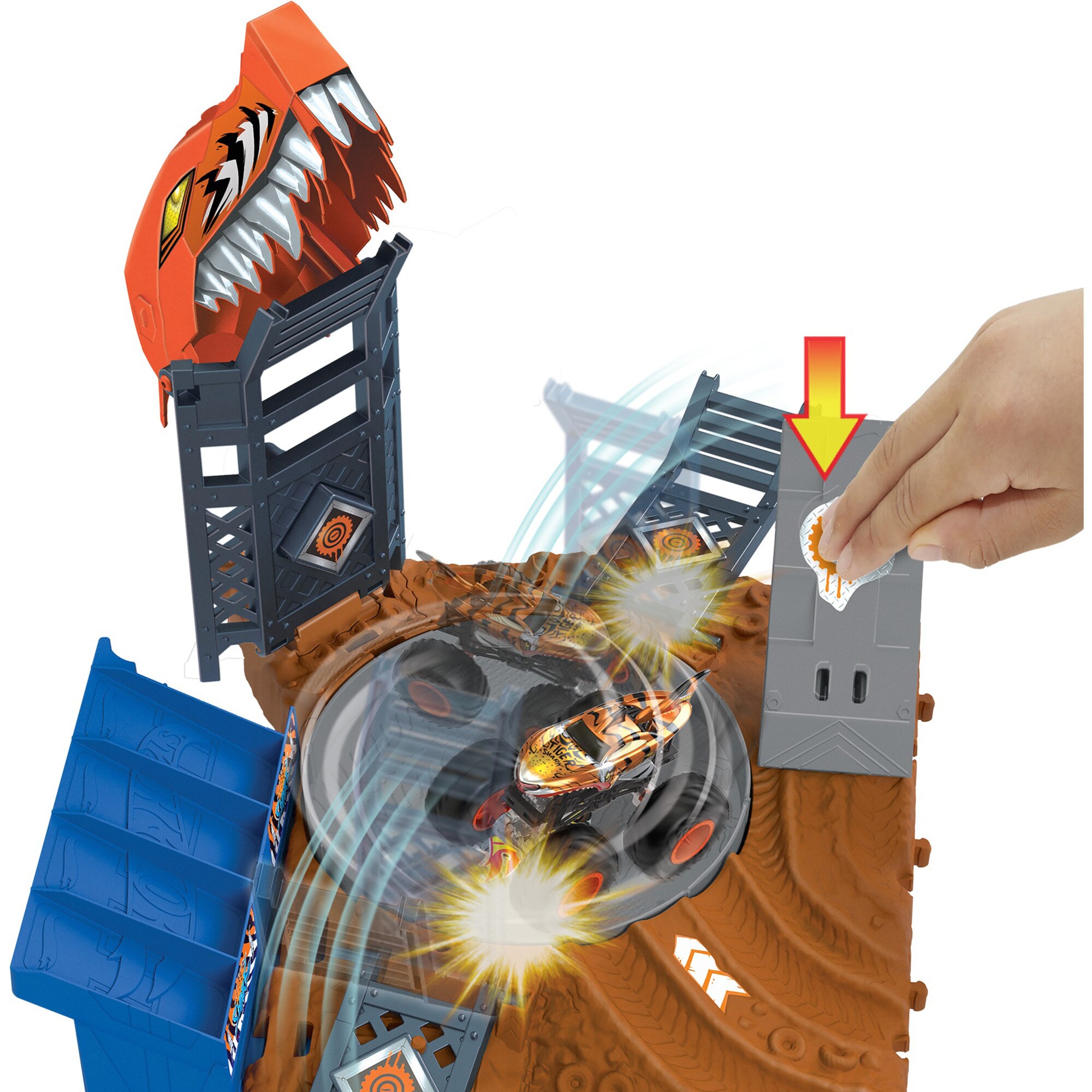 Mattel Rennbahn Monster Trucks Arena World: Semi-Finals Asst - Tiger Shark's Spin Out Frenzy