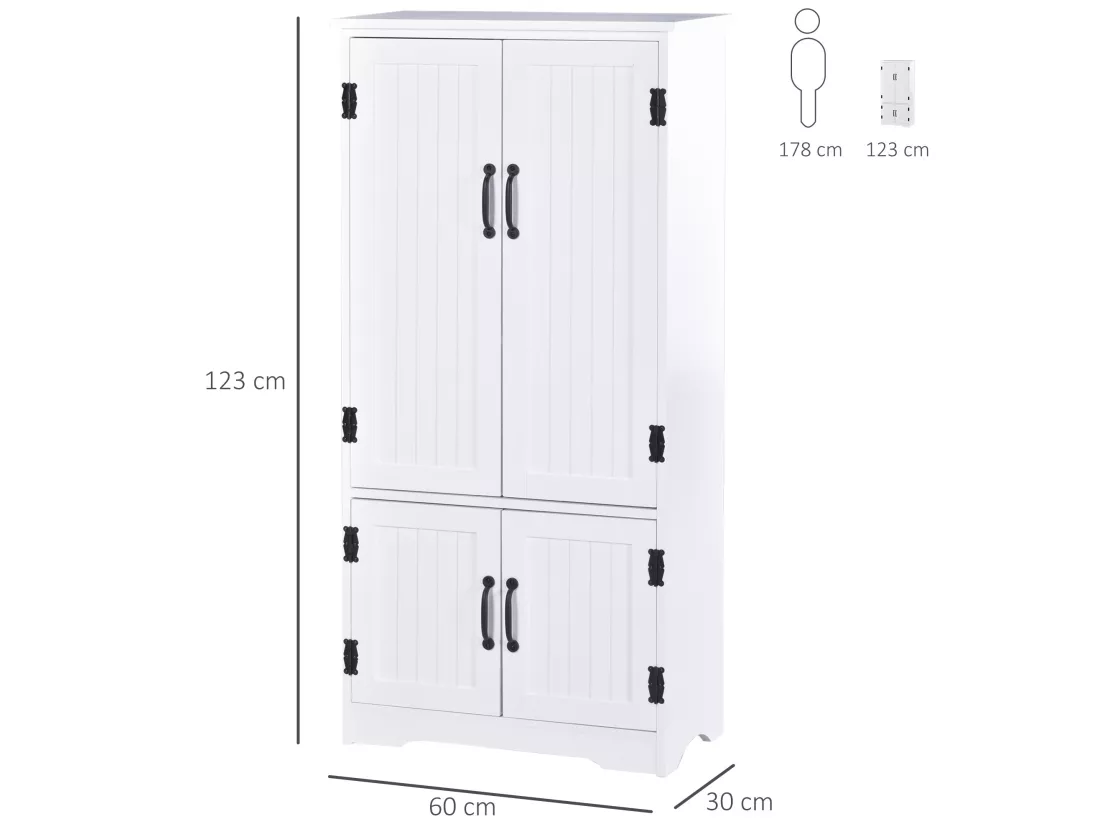 Armoire de cuisine contemporaine multi-rangements 2 placards 3 étagères MDF panneaux particules blanc