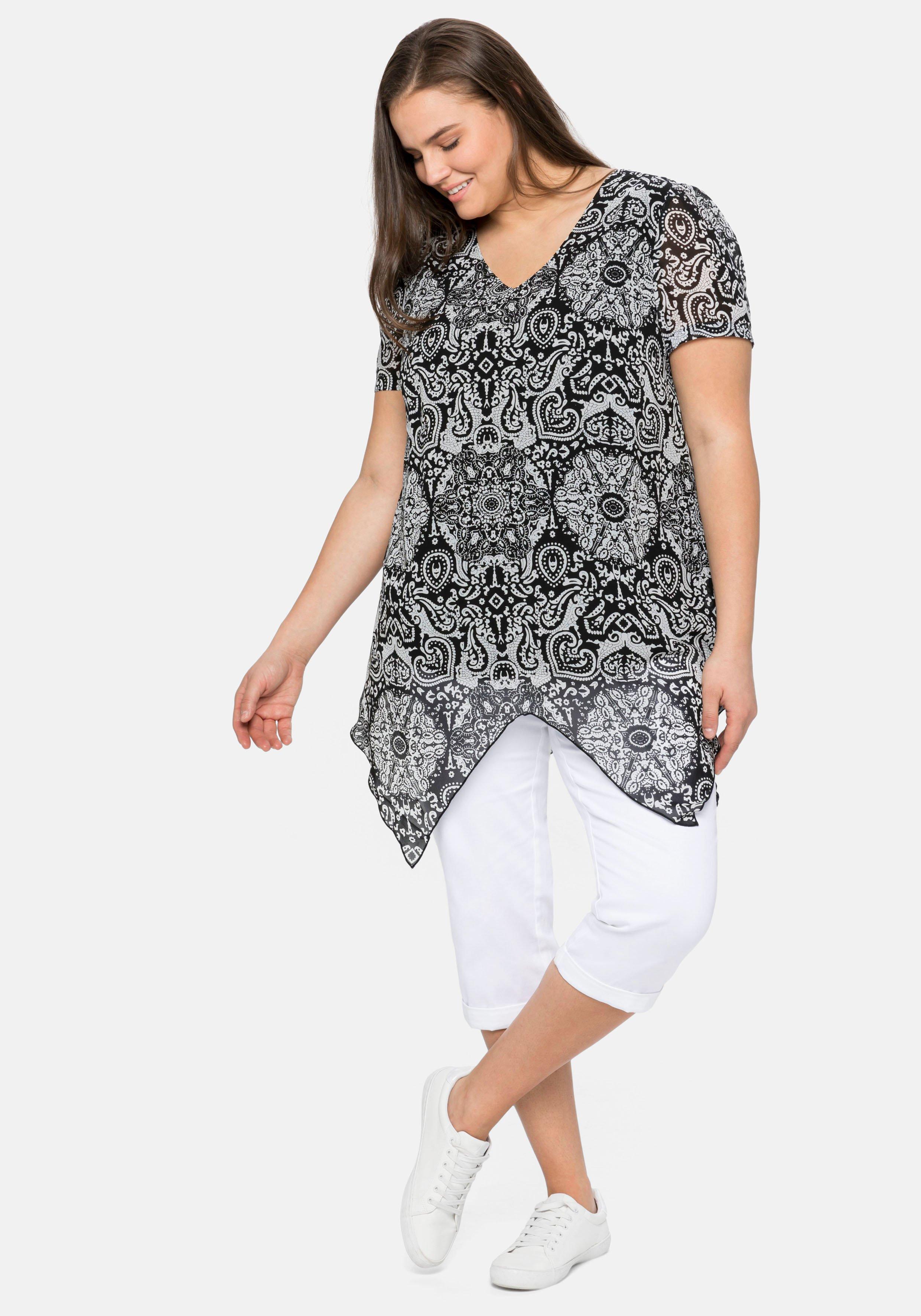 Chiffon-Tunika mit Alloverdruck und Zipfelsaum