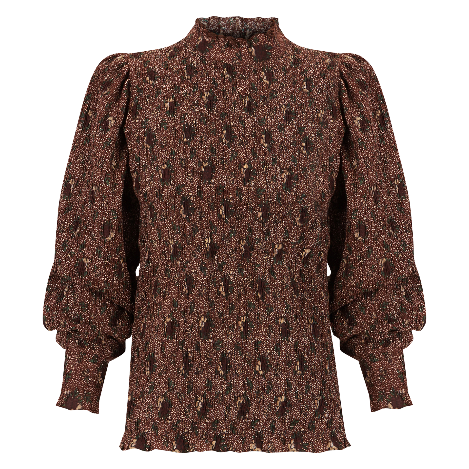 PADDY - Top col rond imprimé à smocks en coton | Marron