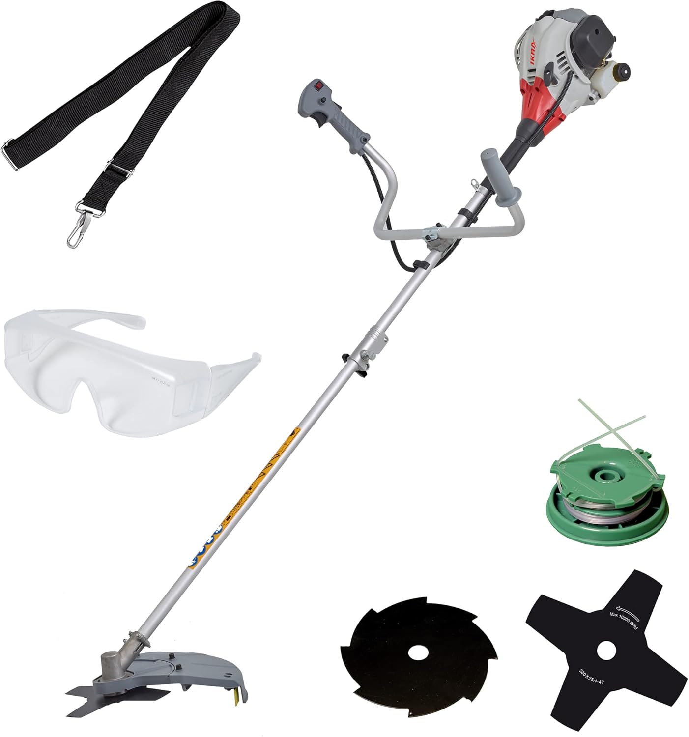 IKRA Benzin Freischneider Trimmer IBF 25-1 inkl. Fadenspule, 4-Zahn-Messer, 8-Zahn-Messer, Schutzbrille & Schultergurt