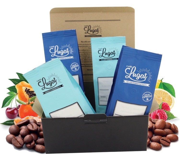4 cafés en grains x 250g Coffret Fruité CAFES LUGAT