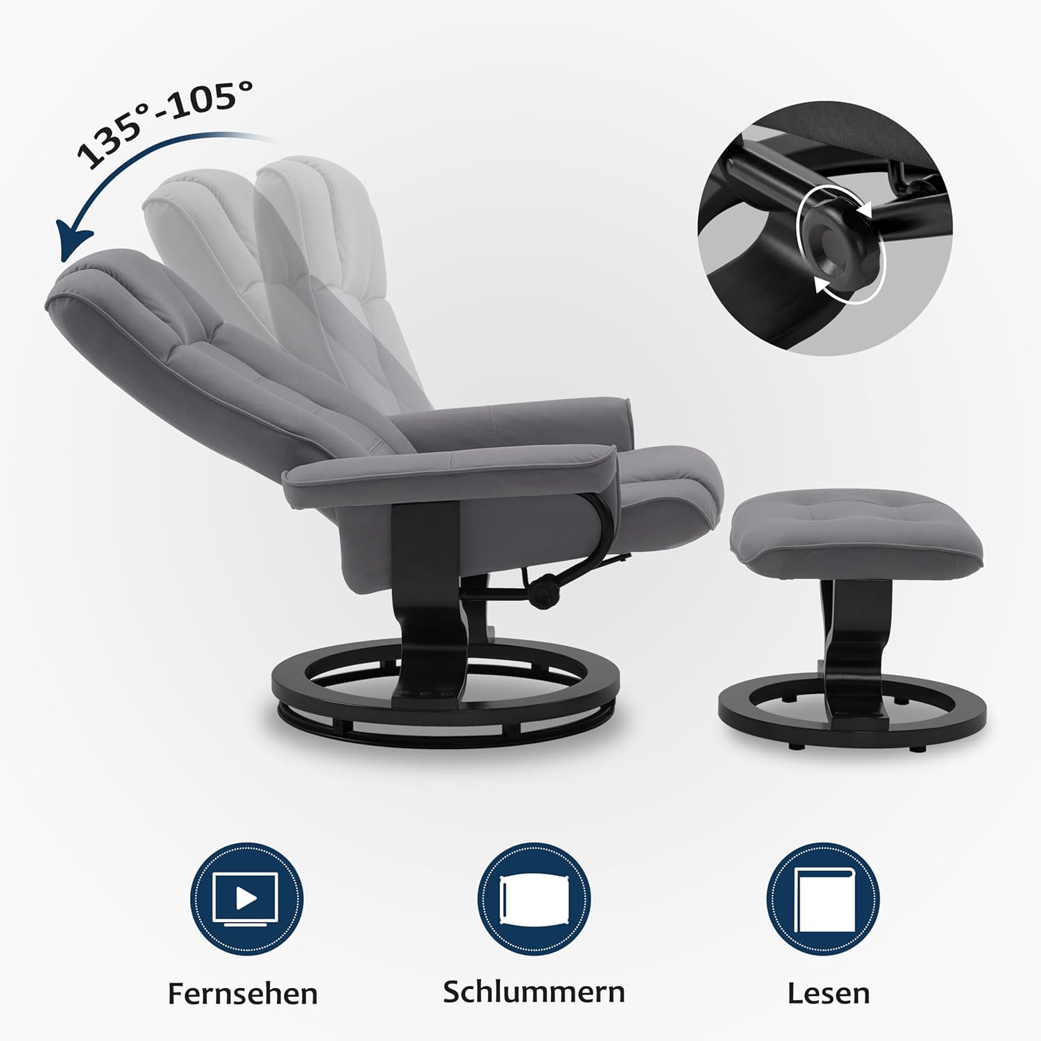 M MCombo Relaxsessel mit Hocker, 360° drehbarer Fernsehsessel mit Liegefunktion, bis 120 Kg belastbarer TV-Sessel, moderner Ruhesessel für Wohnzimmer, 9019 (Mikrofaser, Grau)