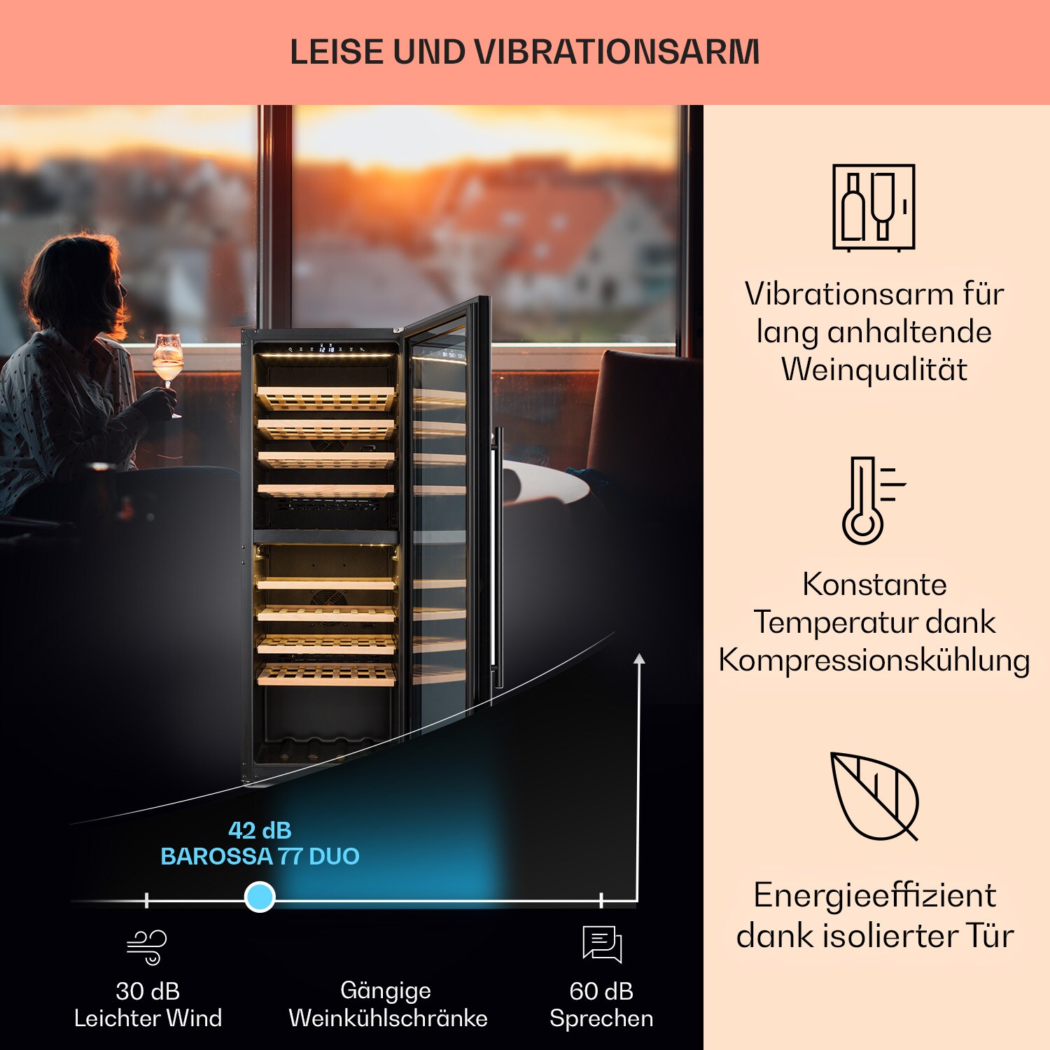 Barossa 77 Duo Weinkühlschrank 2 Zonen 191 L 77 Fl. Touch LED schwarz