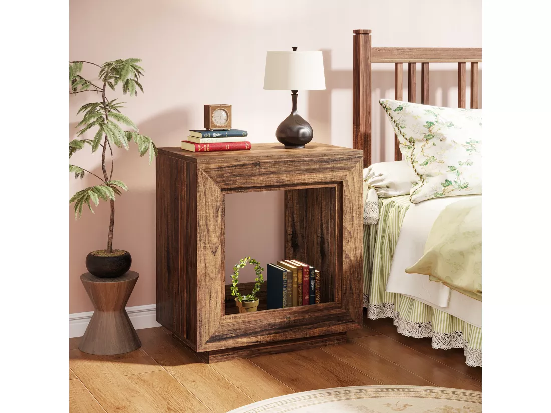 Tribesigns Petite Table d'Appoint Bout de Canapé en Bois, Table de Chevet Carrée pour Chambre à Coucher avec Étagère de Rangement pour Salon, Entrée Rustique Marron