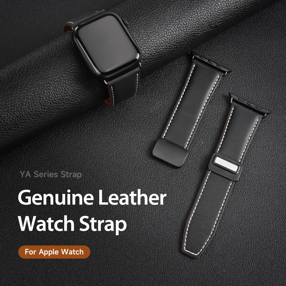 Apple Watch (49/46/45/44 mm) Echtleder Armband mit Magnet-Verschluss (Gelenkumfang 185-245mm) - Schwarz