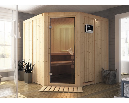 Karibu Jarina modulaire sauna zonder oven, met dakkroon en gebronsde volledig glazen deur