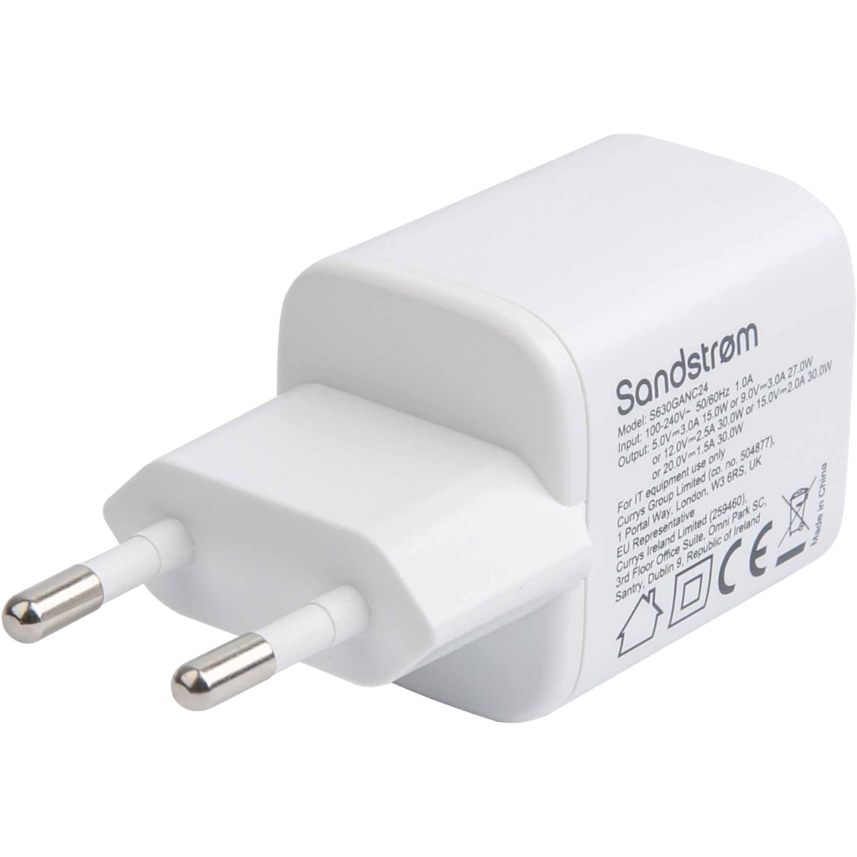 Sandstrøm USB-C 30W GaN lader med USB-C kabel