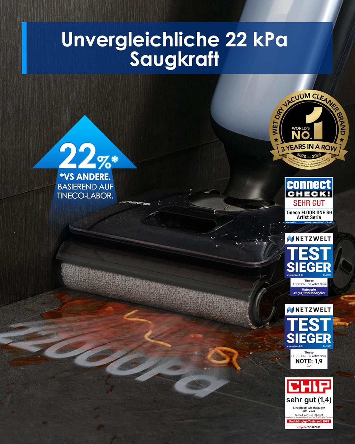Tineco Floor One S9 Artist Stilvoller Nass Trockensauger, 22kPa Nasssauger, 360° SmoothDrive, Anti-Tangle, 85°C Flashdry-Selbstreinige, 50min Laufzeit, Beidseitige Reinigung, 180° Lay-Flat Staubsauger