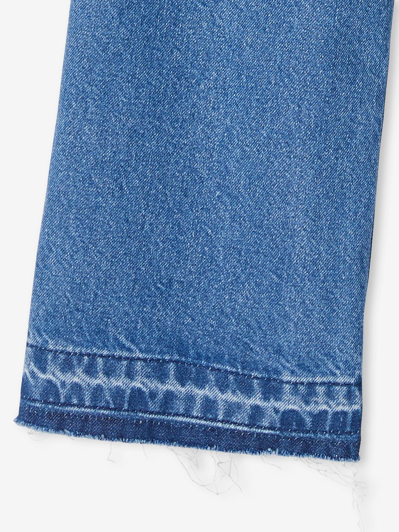 Calça jeans de perna larga com barra desfiada para meninas, jeans azul
