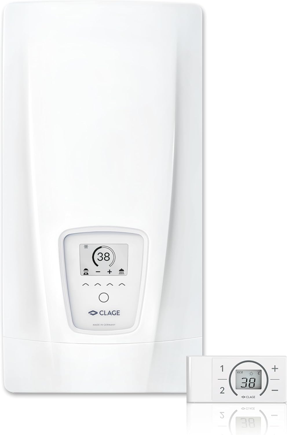 CLAGE DEX Next S vollelektronischer Durchlauferhitzer, Bad/Gruppenversorgung, 18-27kW, ECO-Mode, Fernbedienung, Wasser-/Energiesparend, E-Paper-Display, VDE-GS geprüft, 3200-36450