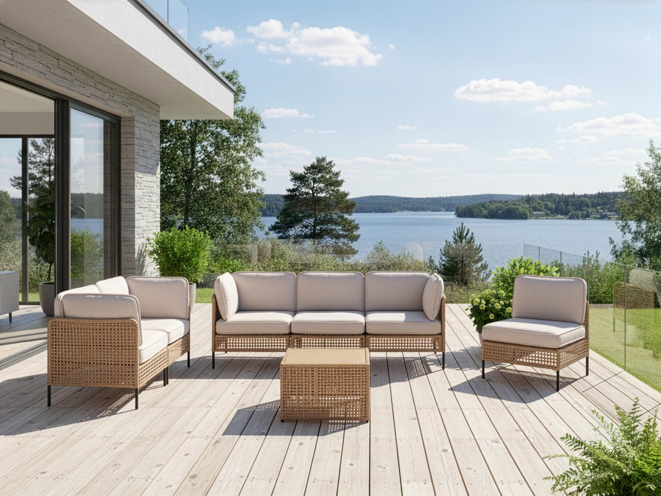 Loungeset met tafel 6-zits OMEGANA modulair PE rotan Lichtbeige