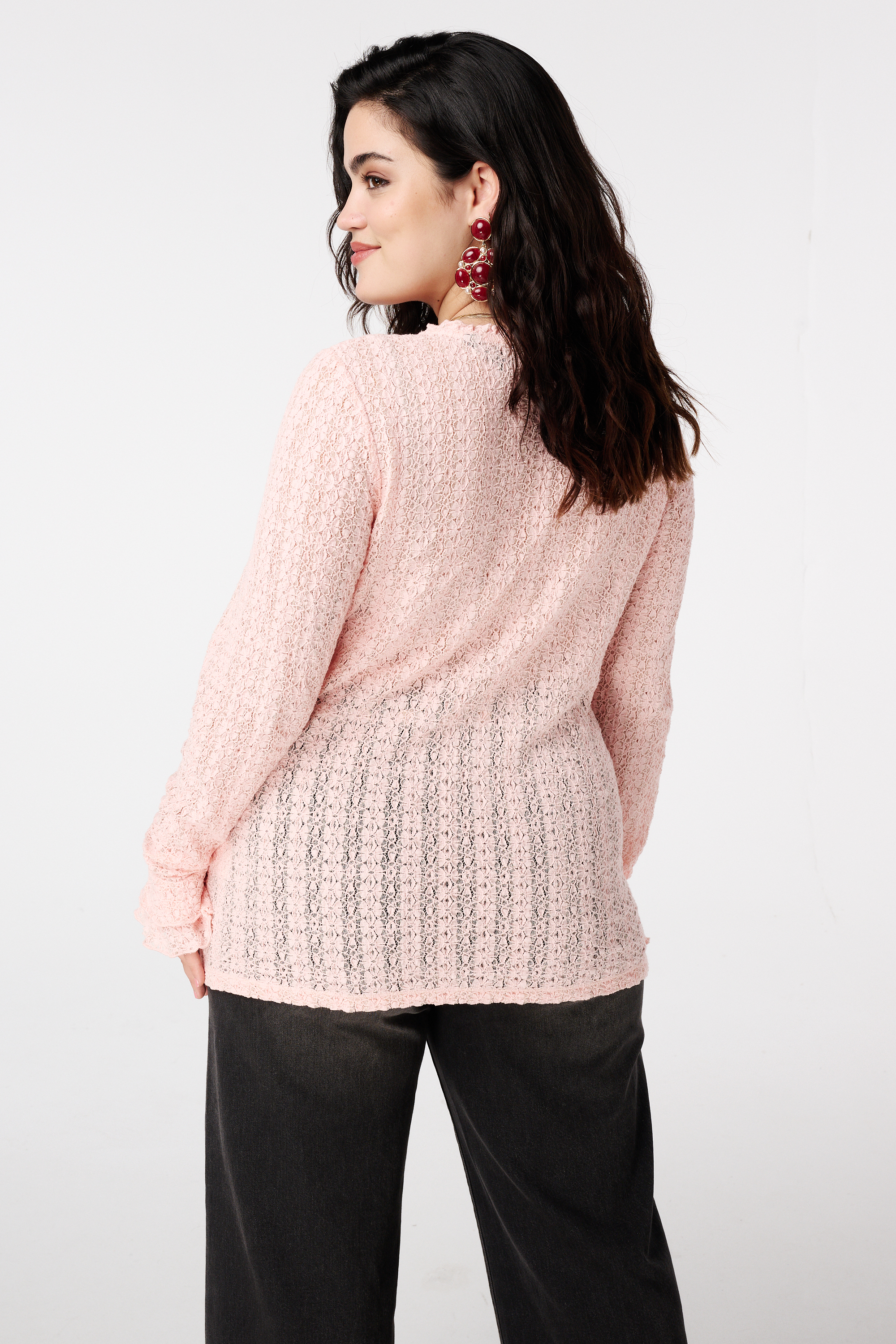 Kanten top met trompetmouwen Pink