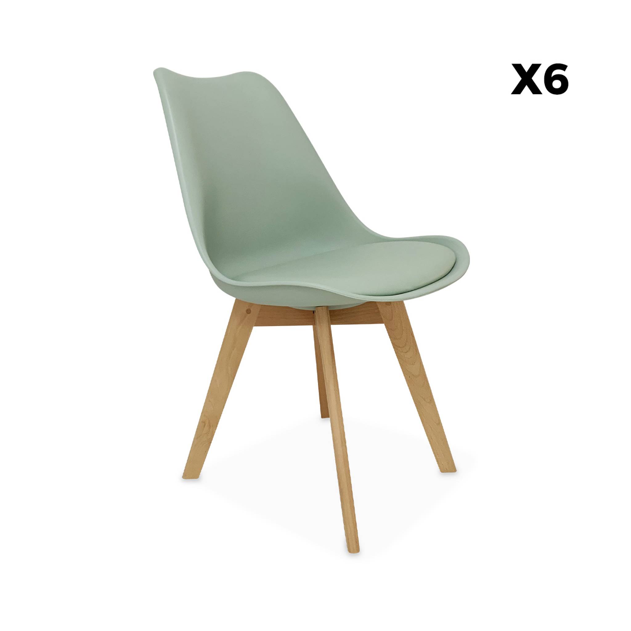 Lot de 6 chaises scandinaves. Pieds bois de hêtre. Chaises 1 place. Vert céladon