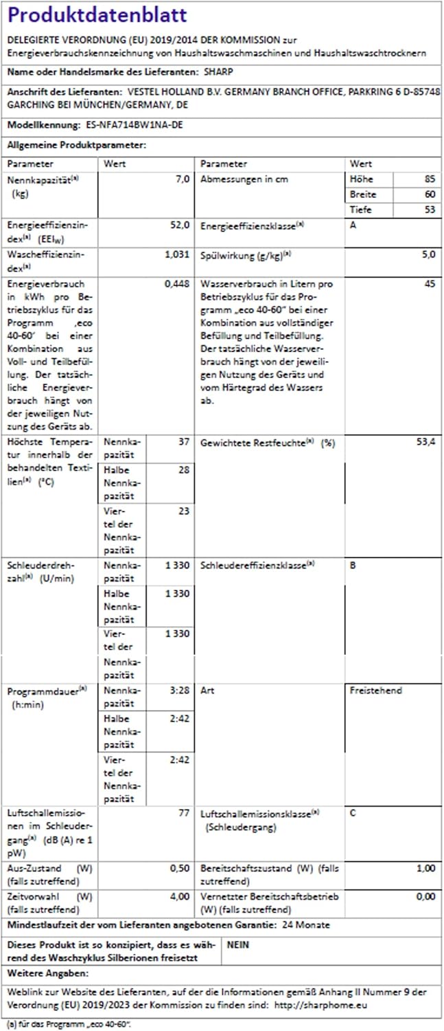 Sharp ES-NFA714BW1NA-DE Waschmaschine Frontlader/A / 7kg / 1400 U/min/Inverter Motor / 15 Programme inkl. 12 min Kurzprogramm/AquaStop/Weiß