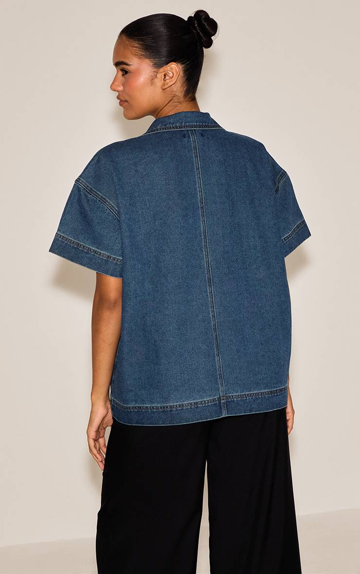 Bleu Foncé Chemise Rugby En Denim À Manches Courtes Coupe Ample Avec Poches Détaillées