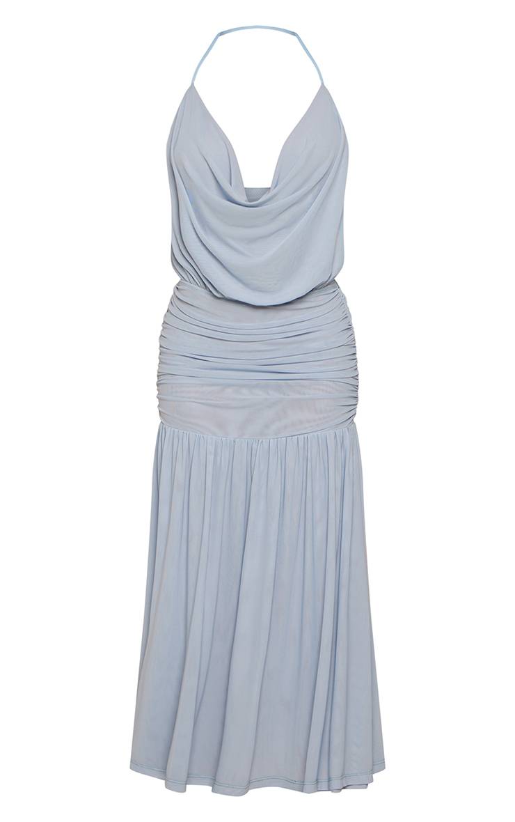Bleu Poudré Robe Midi-longue Fluide Bleu Pâle En Mesh À Col Bénitier Et Ourlet Tombant