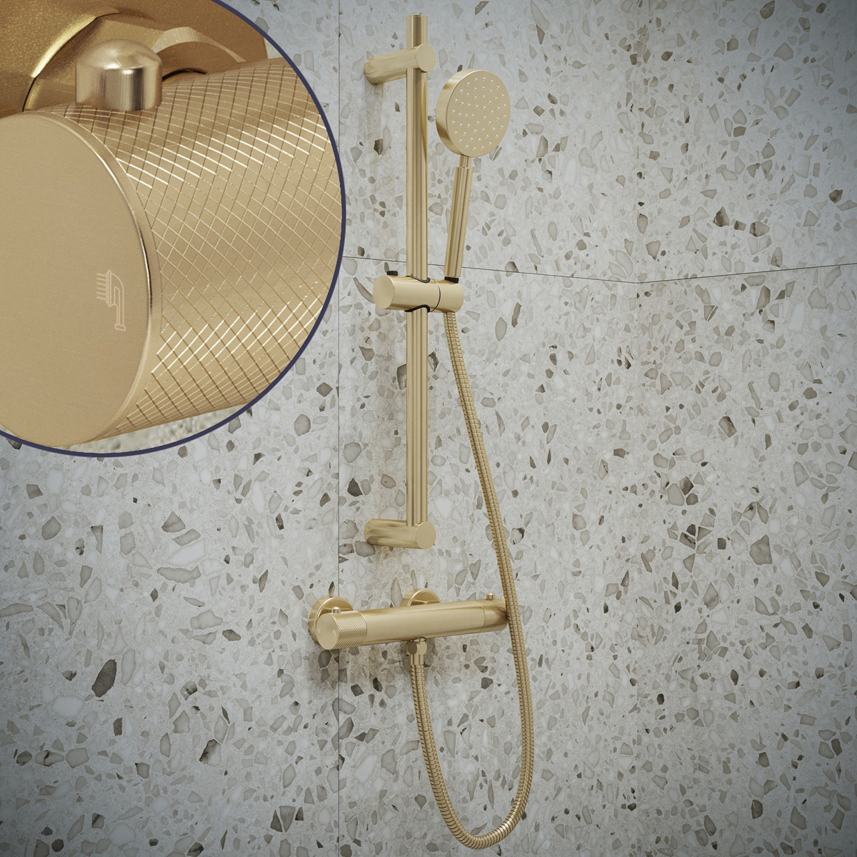 Saniclear Brass Curved doucheset geborsteld messing / mat goud met thermostatische kraan, handdouche en glijstang