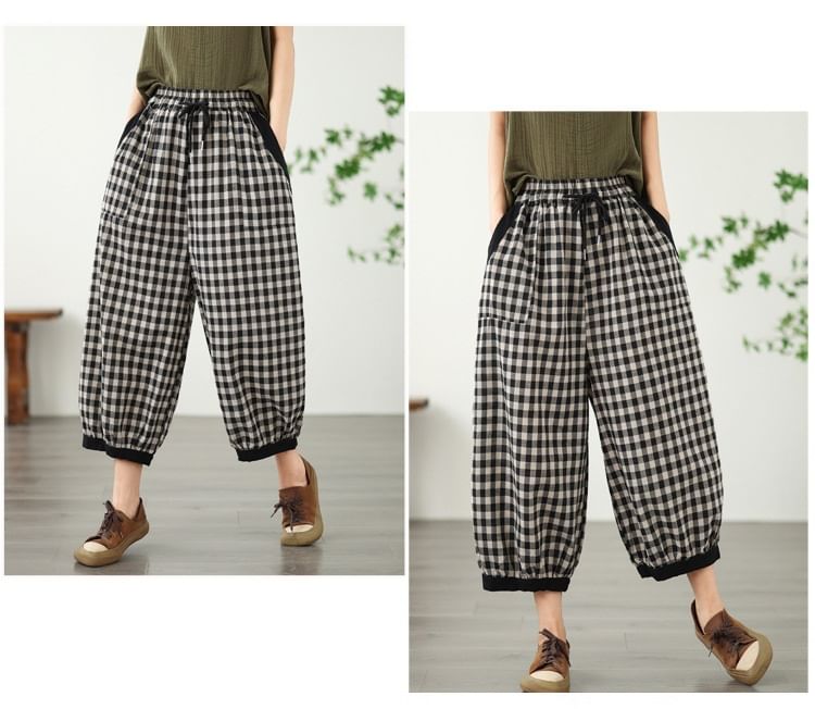 Lewwe - Geruite cropped harembroek met trekkoordtaille