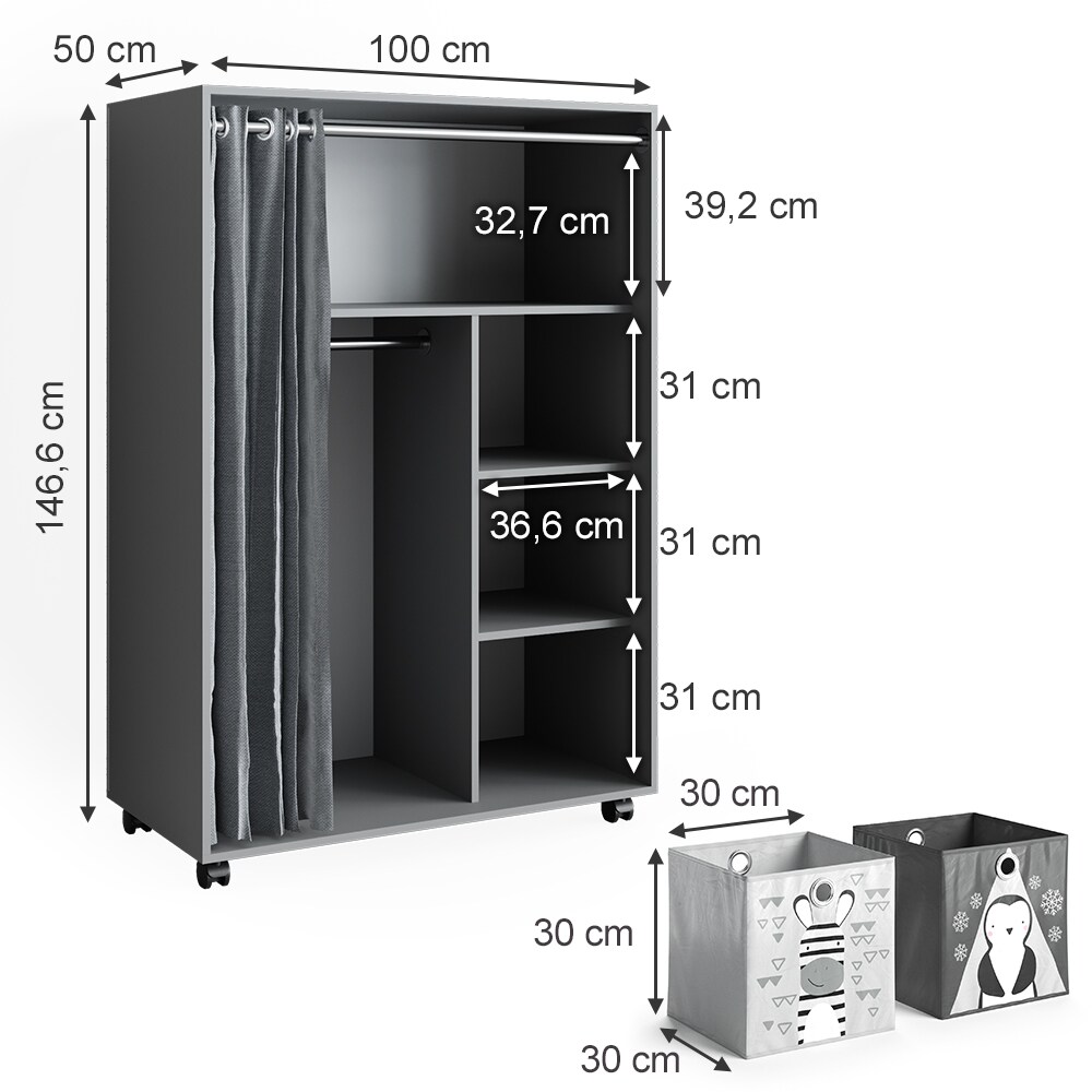 Vicco mobiler Kinderkleiderschrank Dielenschrank Garderobe Doros Grau modern 100 x 147 cm Faltboxen offen rollbar