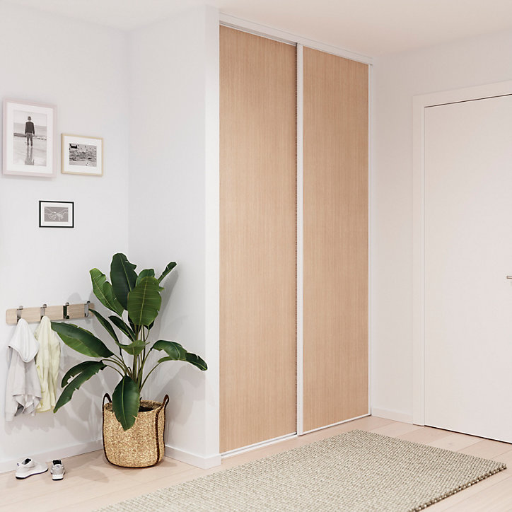 Porte de placard coulissante effet chêne clair profil blanc GoodHome Arius H. 248,5 x L. 77.2 cm + amortisseurs