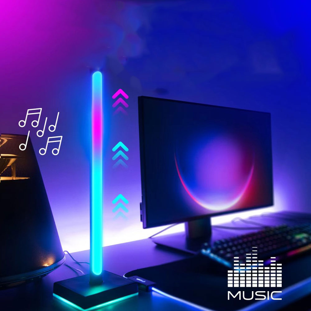 (2er Set) 42cm LED RGB Stehlampe Gaming Hintergrund Beleuchtung mit Kopfhörer Halterung und Soundsteuerung (iOS/Android) - Schwarz