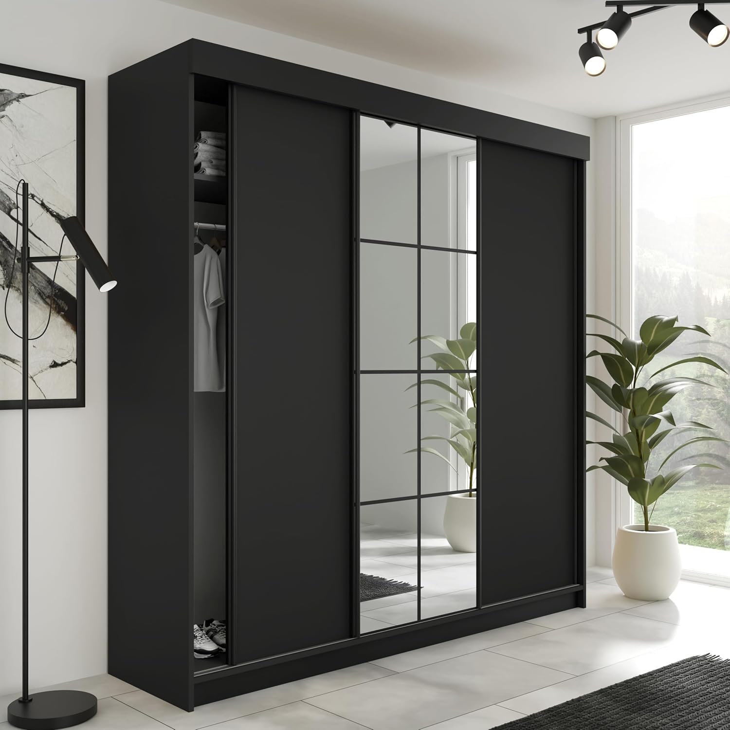 KIER FURNITURE Schiebegarderobe LAMARO mit Spiegel - Schrank Schlafzimmer - Schlafzimmerschrank - Wardrobe Bedroom - Kleiderschränke - Kleiderschrank - 200x205x59cm - Schwarz