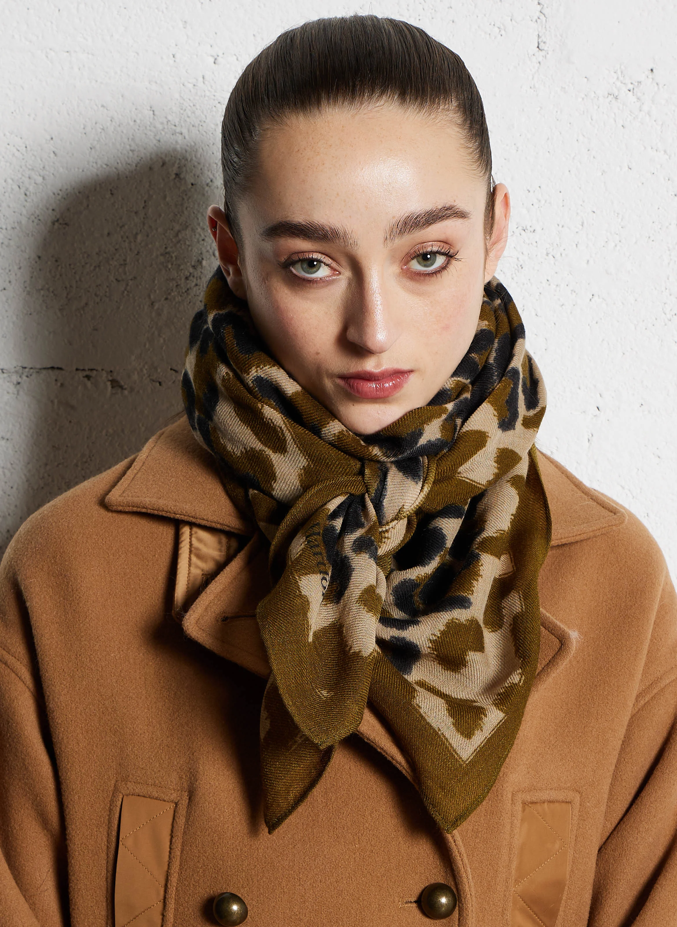 Foulard imprimé en laine | Marron