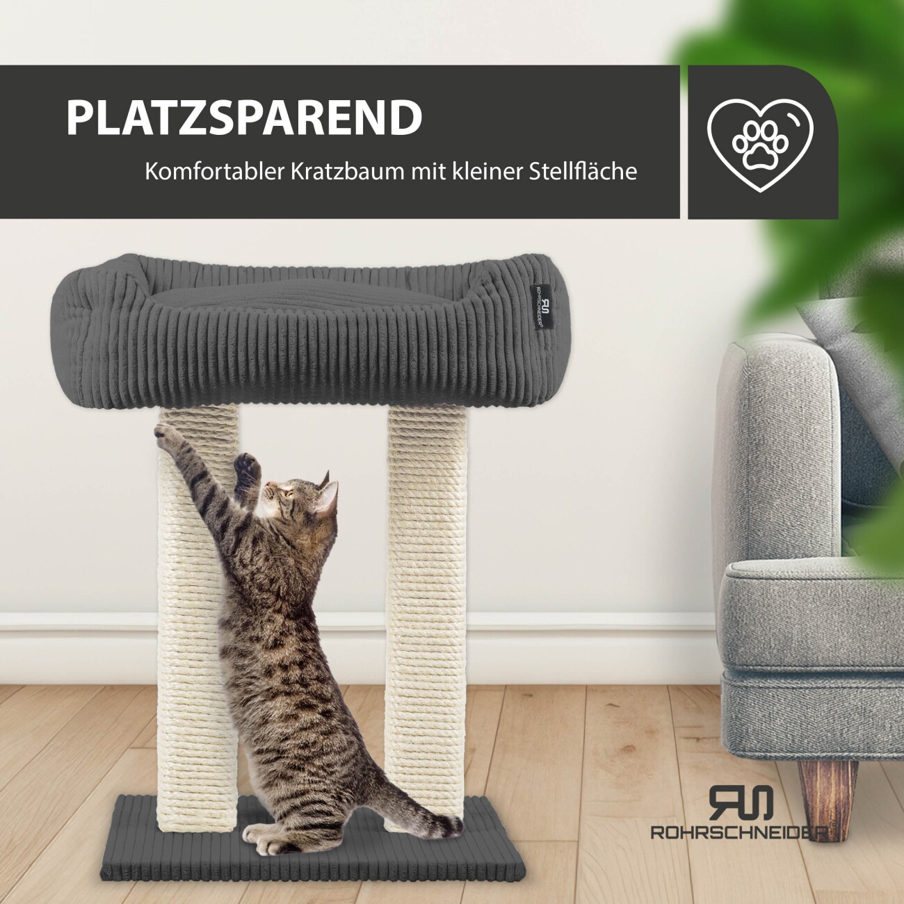Rohrschneider ® moderner Kratzbaum, Kratzsäulen aus Vollholz, Katzenbett mit Wendekissen
