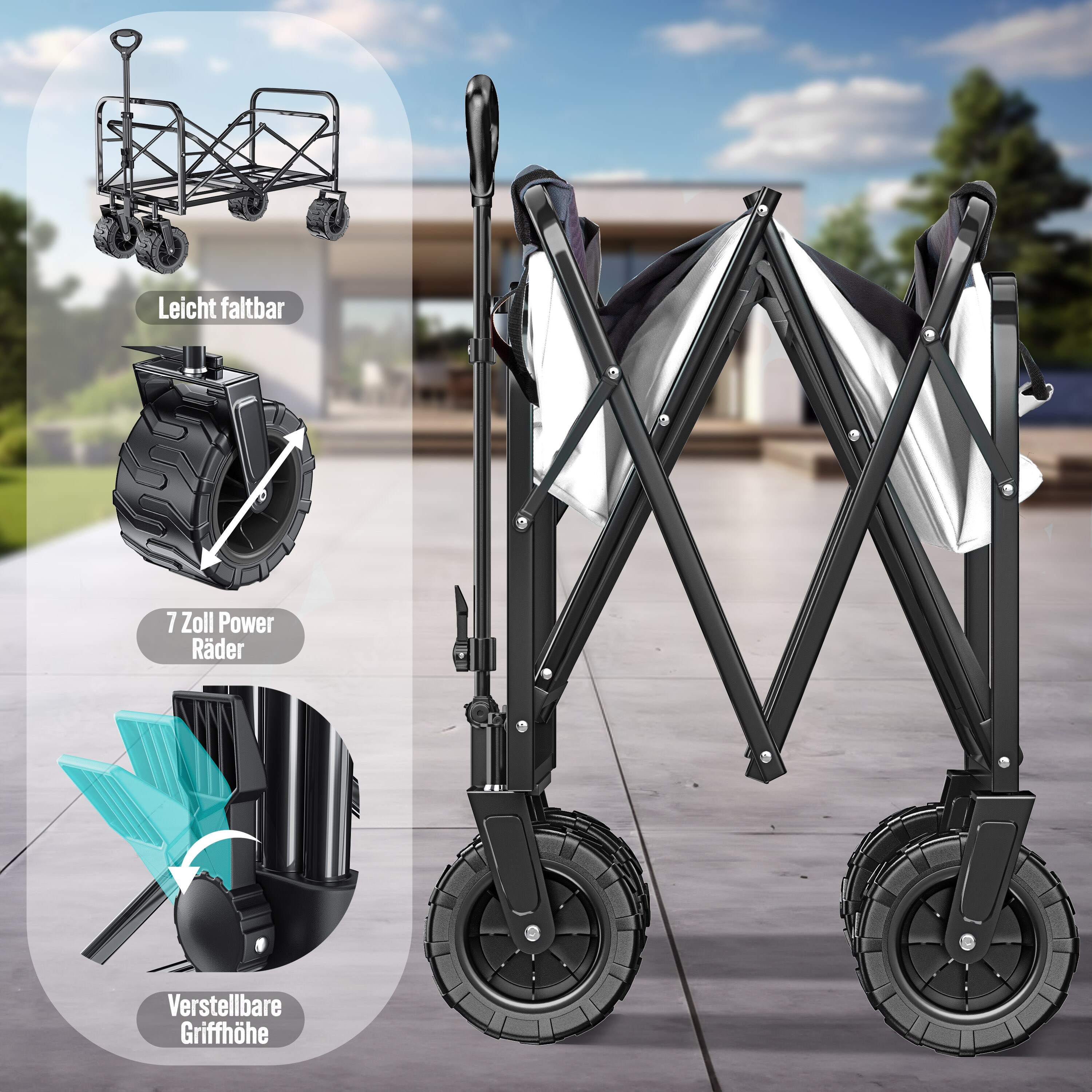 KESSER® Bollerwagen faltbar mit Breite Reifen Handwagen Transportkarre Gerätewagen | inkl. 2 Netztaschen | klappbar | Kunststoff-Reifen | bis 120 kg Tragkraft transportwagen Gartenanhänger