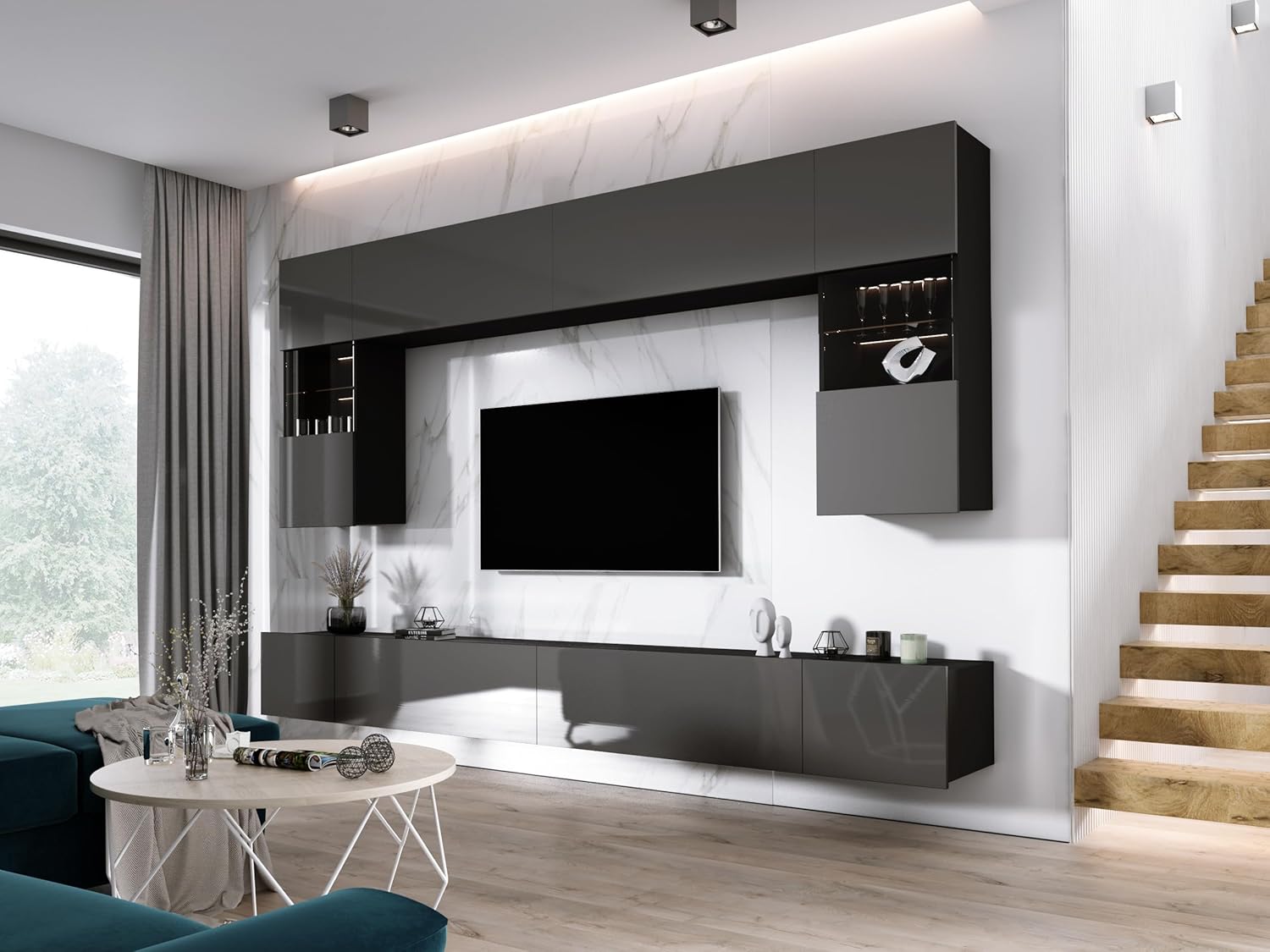 3E 3xE living.com Wohnwand Schwarz Matt/Grau Glanz Medienwand Design Modern MDF Hochglanz, Wohnzimmer Möbel, Wohnwand Wohnzimmer