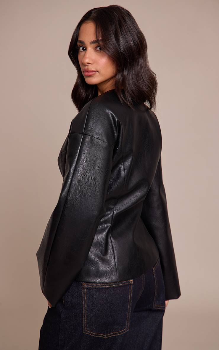 Noir Blazer Petite Aspect Cuir Taille Cintrée