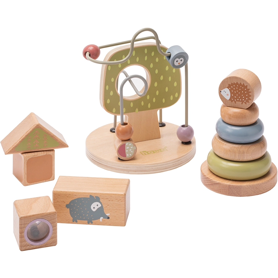 howa® Motorikspielzeug Motorikschleife Stapelturm Bausteine little woods aus Holz 3 tlg.
