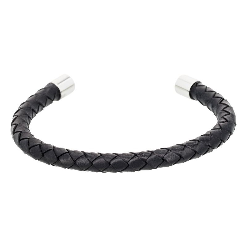 Bracelet Jonc Homme acier et cuir noir 