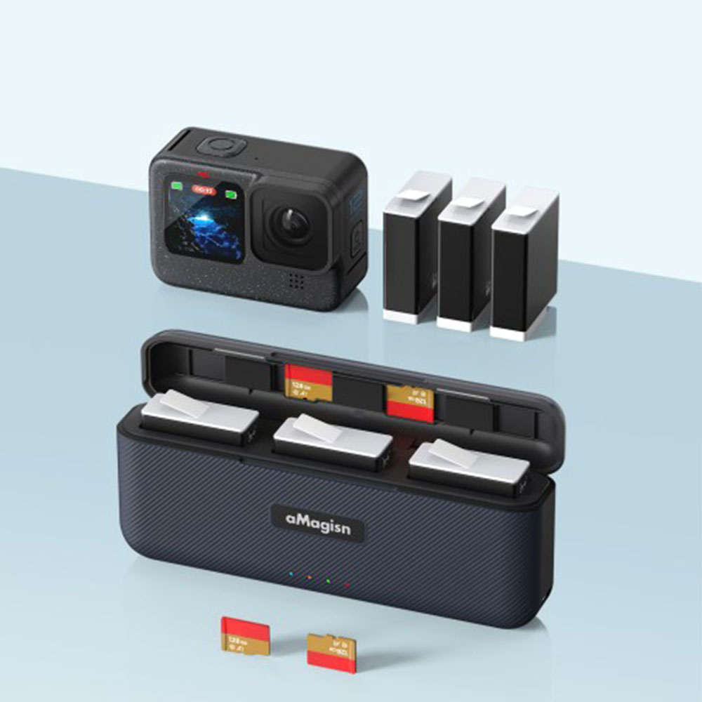 3-fach USB-C Akku Box Ladegerät   Micro SD Kartenfach für GoPro Hero 12 / 11 / 10 / 9 - Schwarz