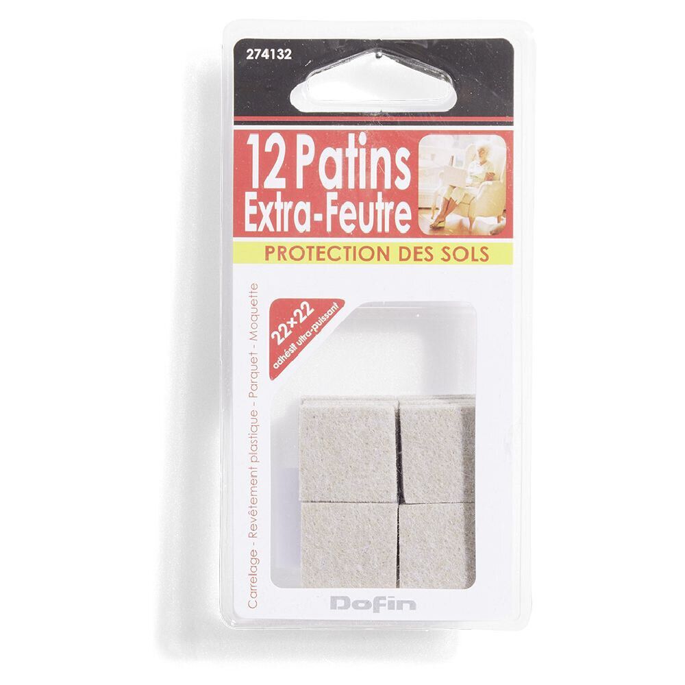 Lot de 12 patins en feutre adhésif ultra puissant - 22x22 mm