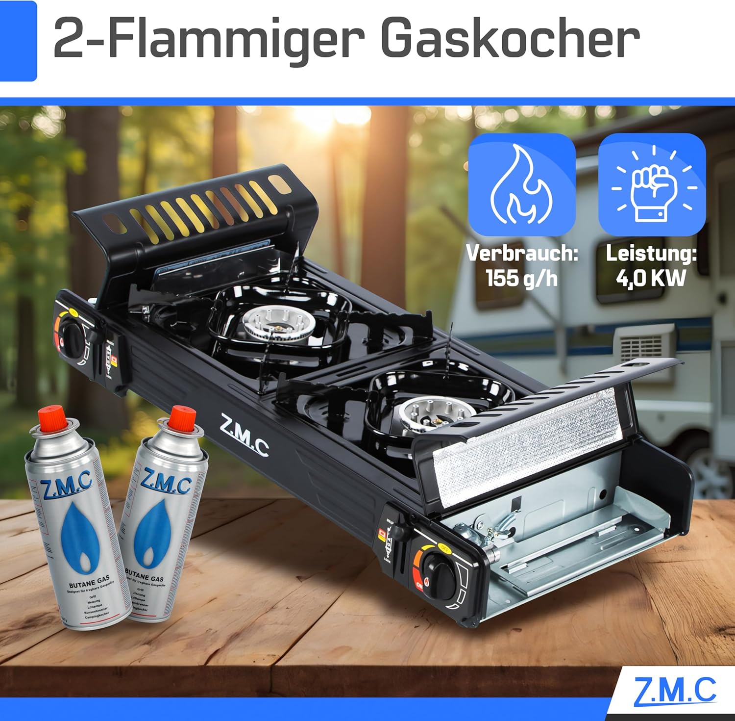 Z.M.C PREMIUM Camping Gaskocher 2-flammig + Grillplatte 45x24 cm + 16 Gaskartuschen 227g, Campingkocher mit Zündsicherung für Outdoor und Innenraum, Balkon Tisch Doppelgaskocher mit Piezozündung