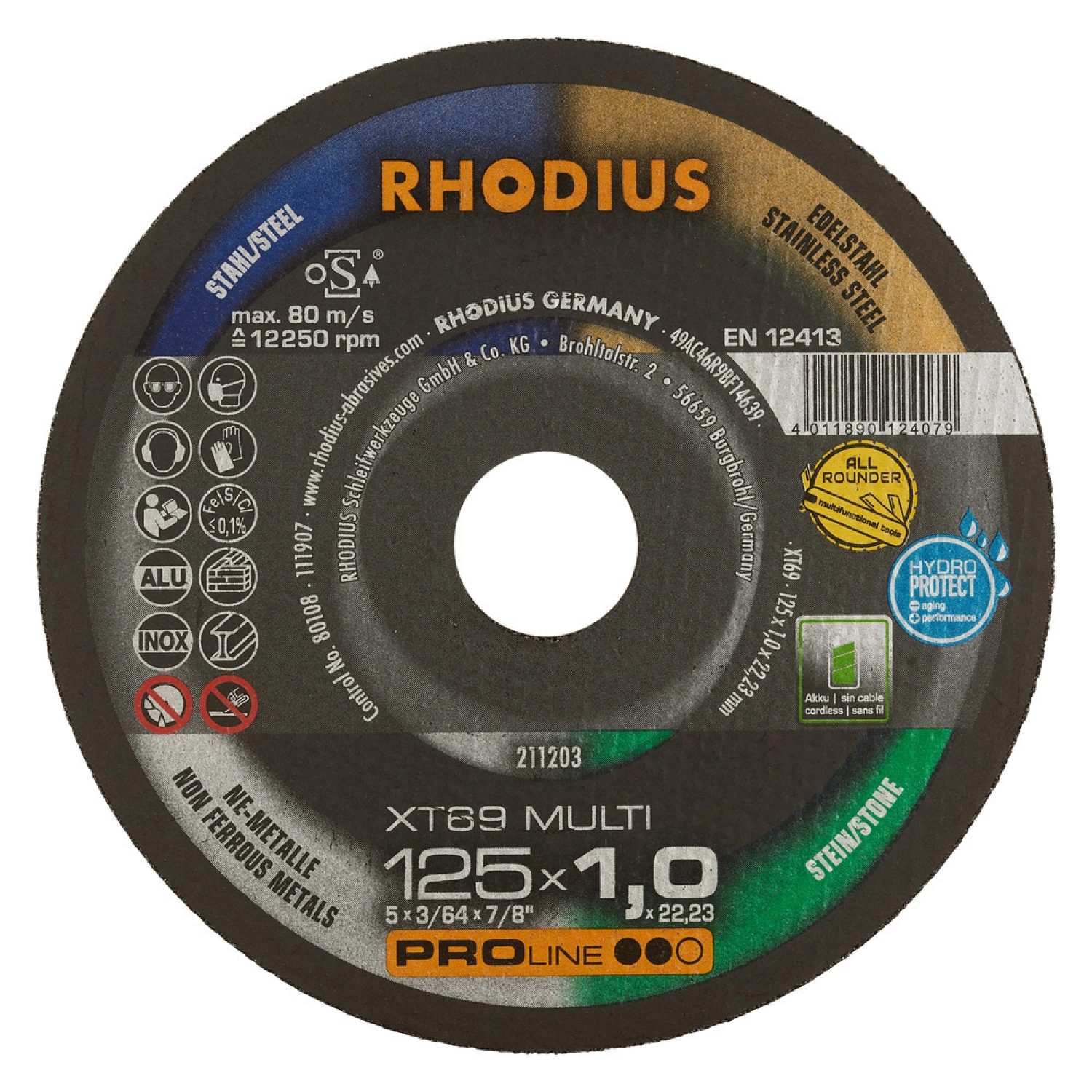 Rhodius XT69 Multi Doorslijpschijvenset in opbergblik - 125 x 1,0 x 22,23mm (10st)
