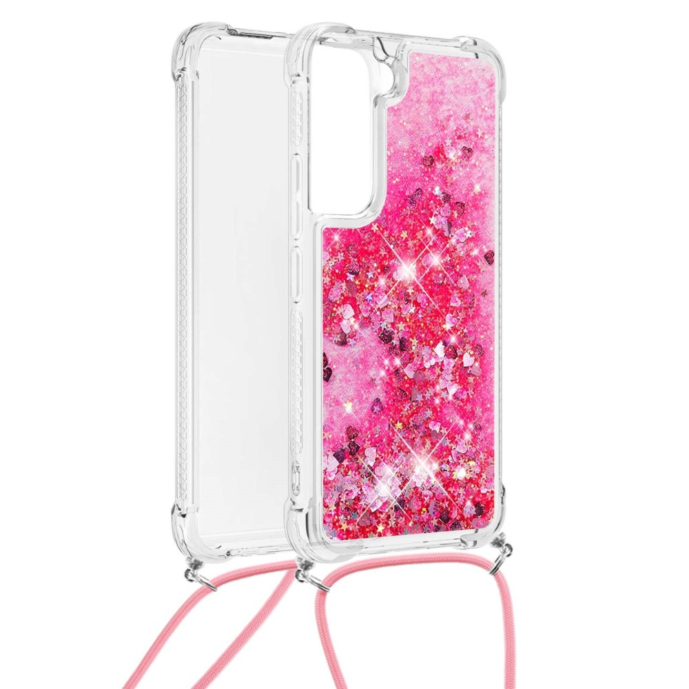 Samsung Galaxy S22 5G Necklace Gummi Hülle Liquid Glitzer   Handykette (130cm) - Pink