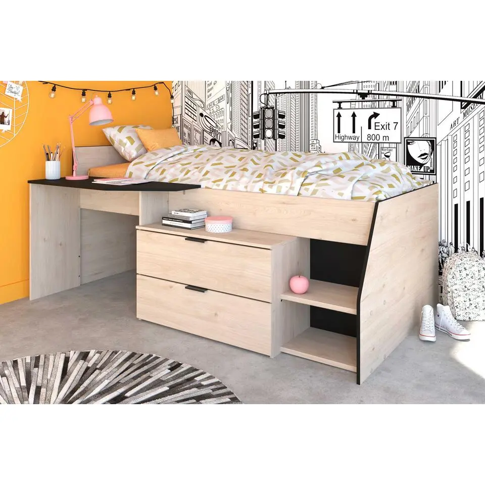Kajuitbed Milky met bureau en lades - zwart/eik