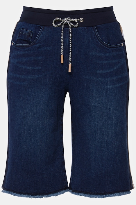 Boyfriend-Jeansbermuda, Rippbund, Kordel, Fransen