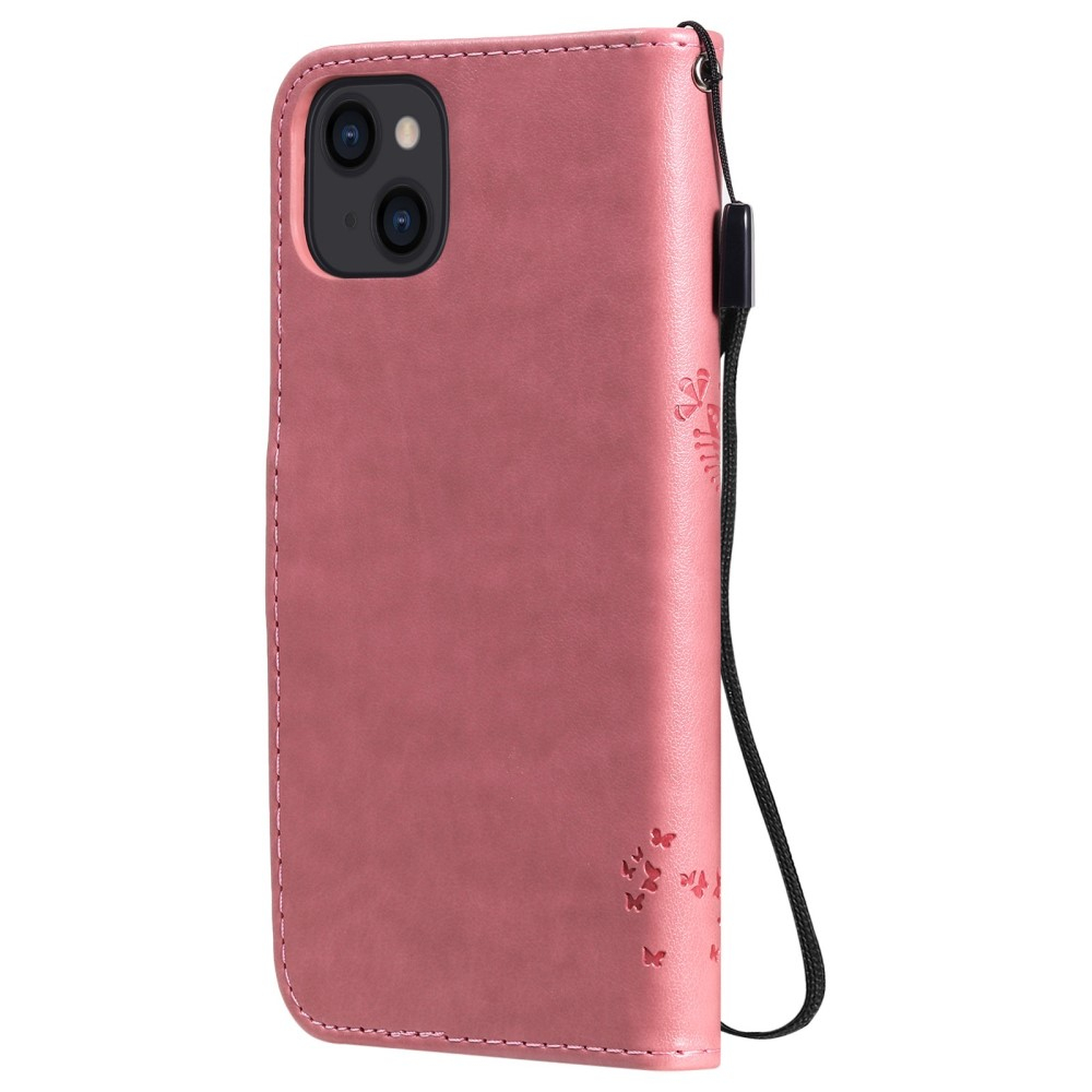 iPhone 14 Leder Tasche Flip Cover Baum Imprint - Rosa