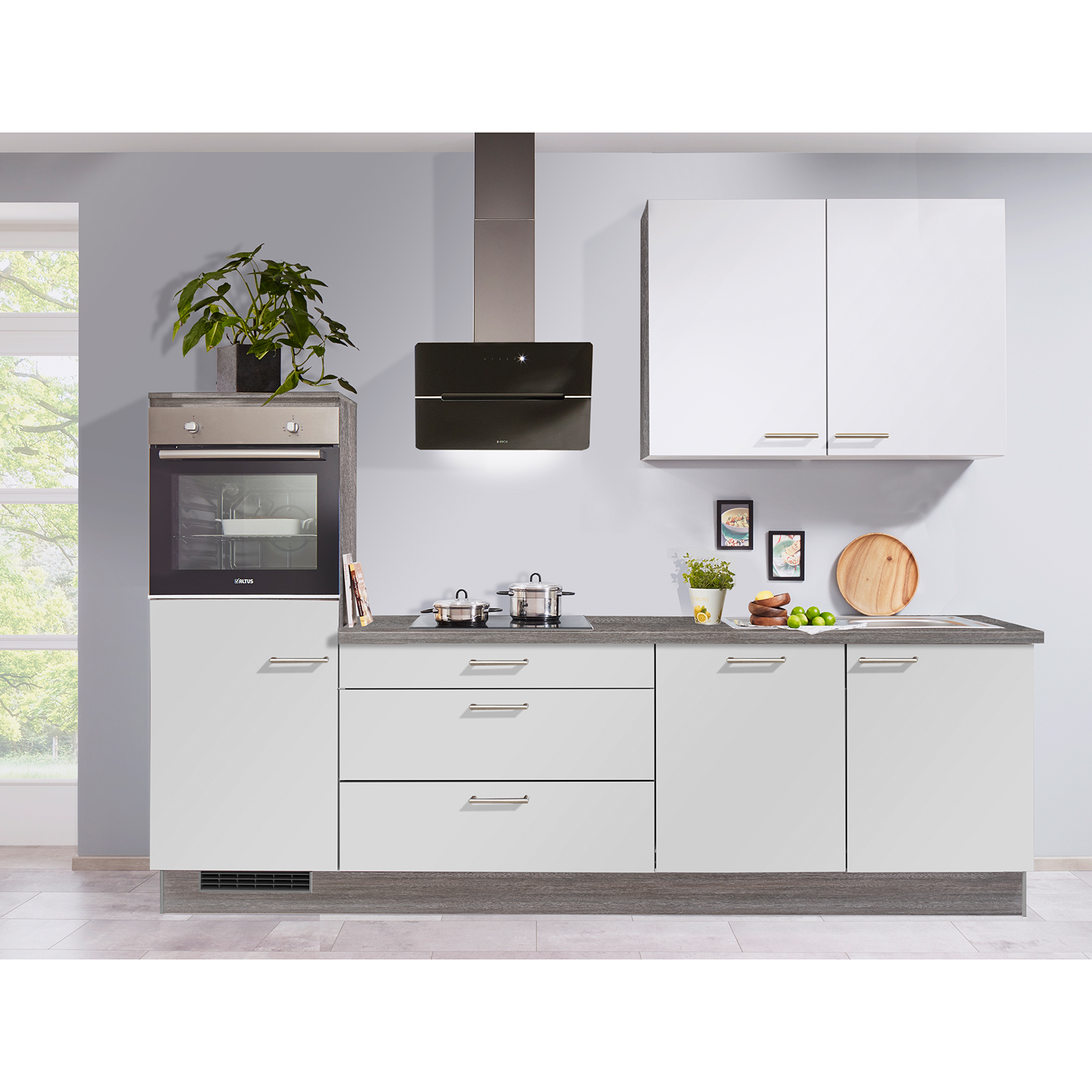 pino Küchenblock PN80 - weiß - Steineiche - mit E-Geräten - Kühlschrank links - 280 cm