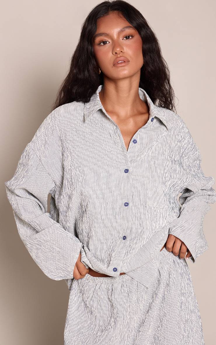 Bleu Marine Ensemble Coordonné Chemise Oversize À Rayures Texturées