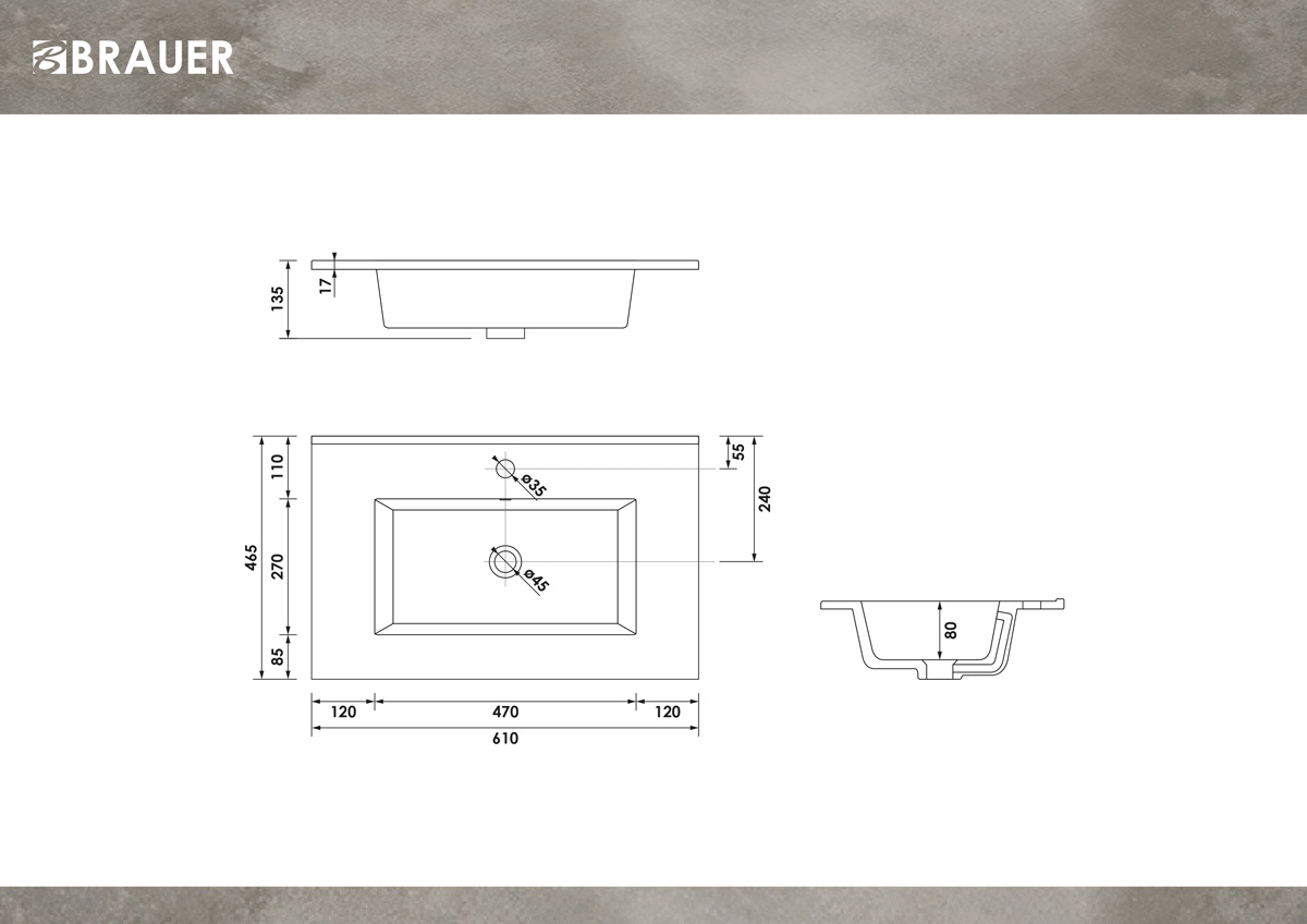 Brauer Starfall wastafel keramiek 60cm met kraangat wit glans