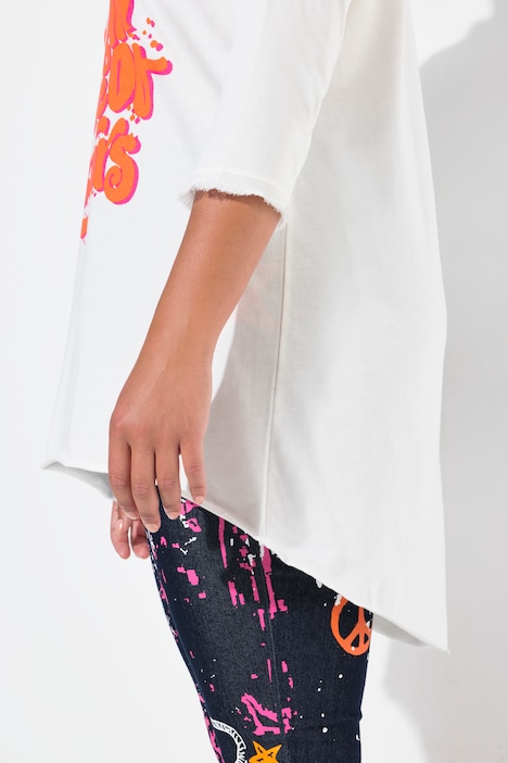 T-Shirt, A-Linie, Statement-Druck, offenkantig
