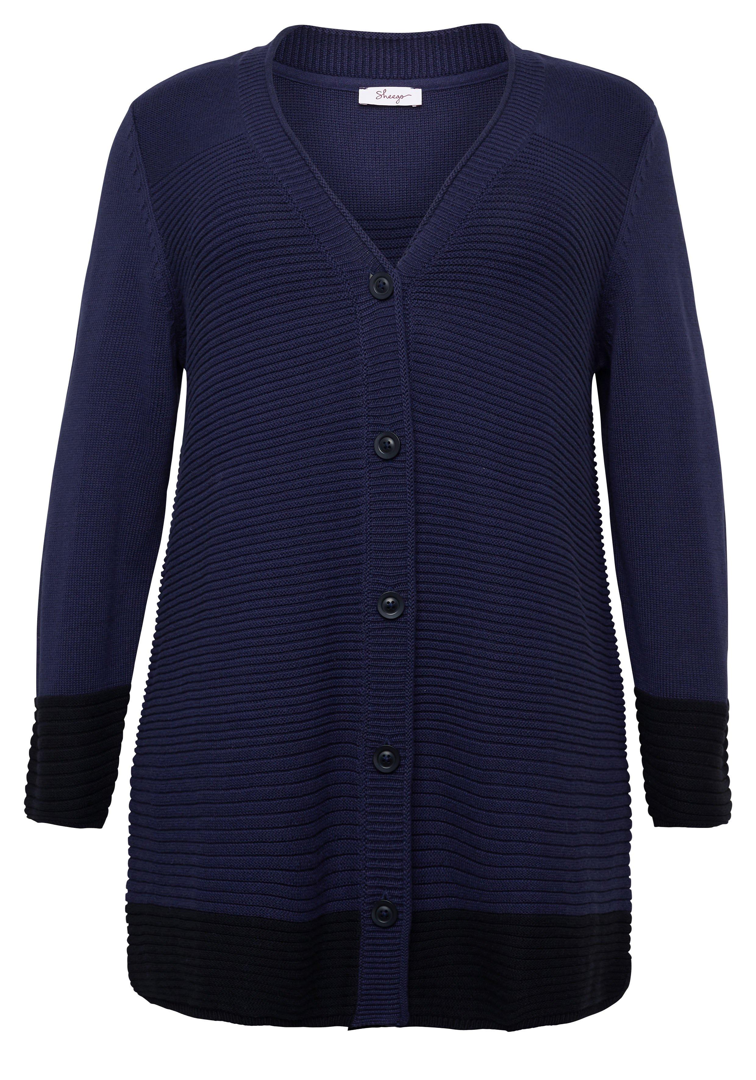 Longstrickjacke im Rippstrick, mit Blockstreifen