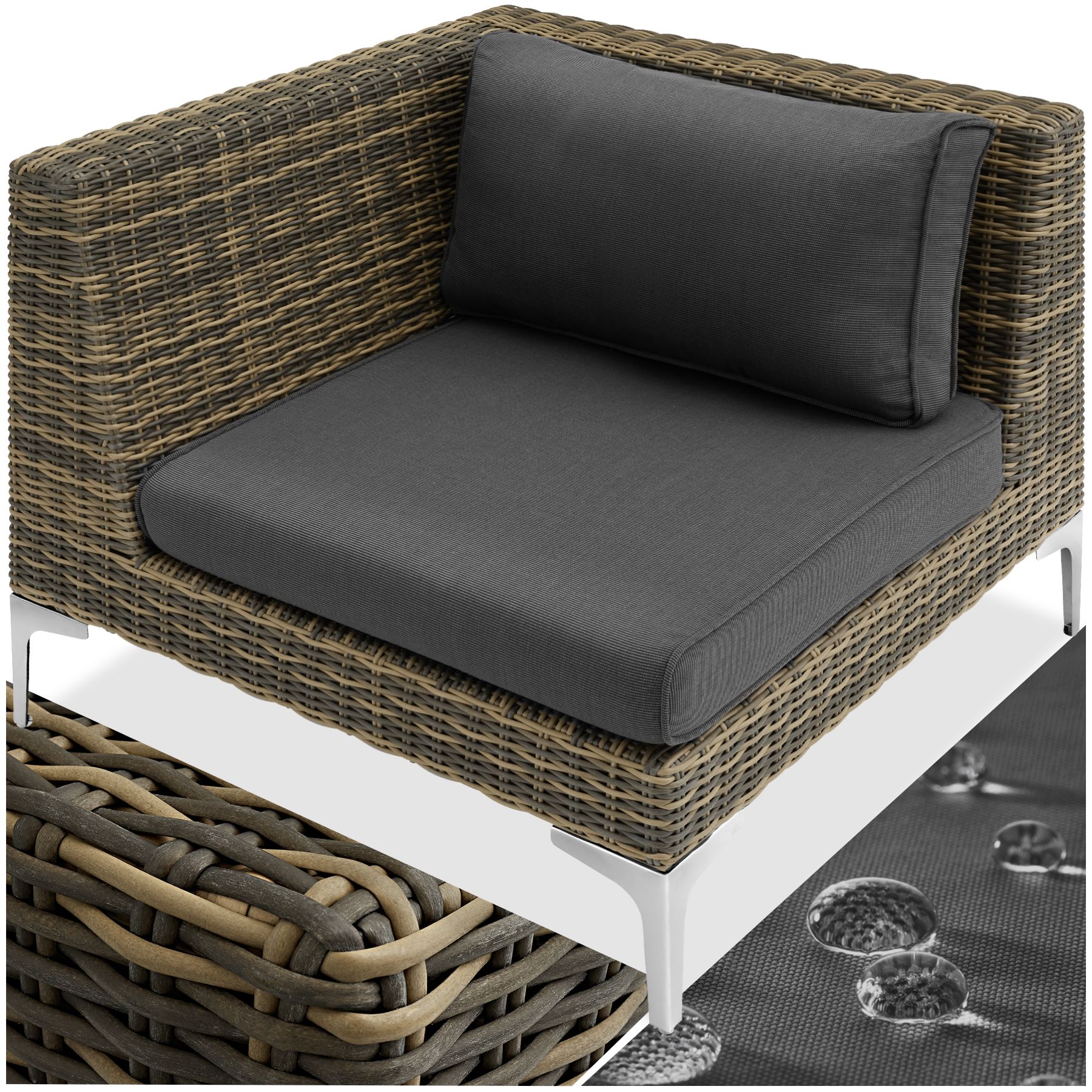 tectake® Modulares Rattanset, rechtes Eckelement mit Aluminiumgestell, hochwertiges Geflecht, 89 x 89 x 72 cm