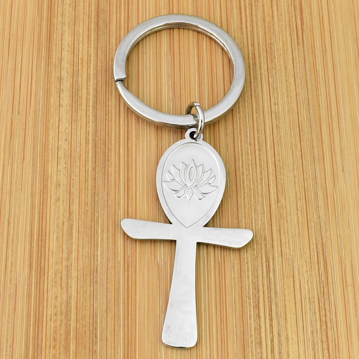 Porte-clés croix ansée ânkh fleur de lotus acier inoxydable