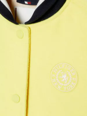 Jaqueta cropped com logo nas costas estilo universitário